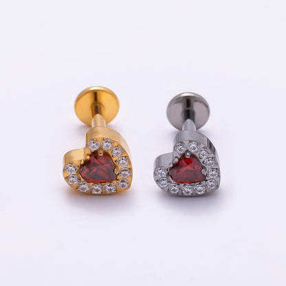 Titanium 5.5mm Red Micro Paved CZ Heart Cartilage Piercing Flat Back Stud in Gold &amp; Silver | BJ-00069 BJ-00069