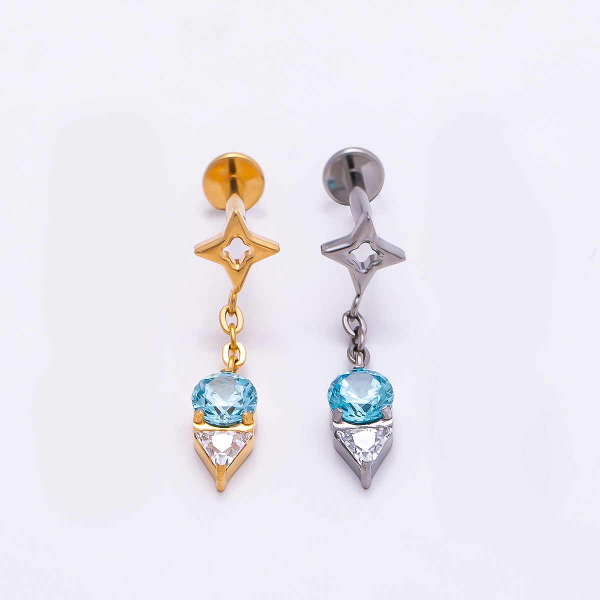 Titanium 20mm Blue Clear CZ Star Drop Cartilage Piercing Flat Back Stud in Gold &amp; Silver | BJ-00075 BJ-00076