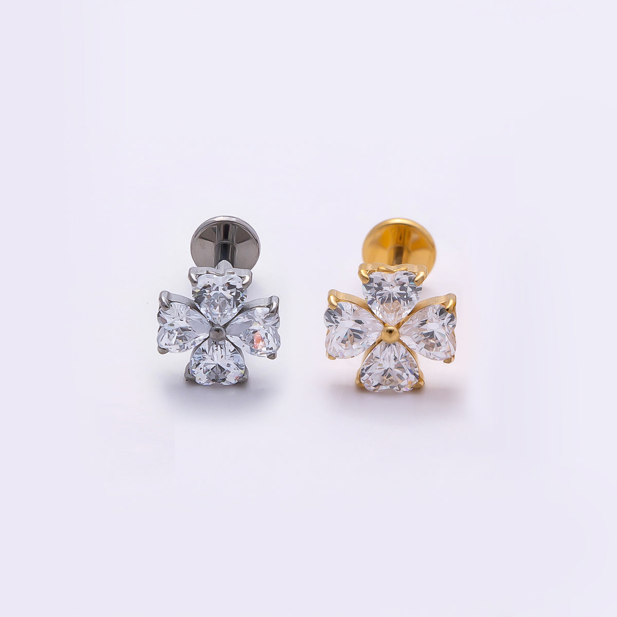 Titanium 6.6mm Clear CZ Heart Clover Single Cartilage Piercing Flat Back Stud in Gold &amp; Silver | BJ-00007 BJ-00008