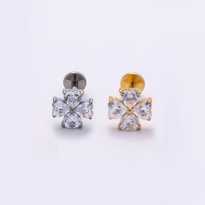 Titanium 6.6mm Clear CZ Heart Clover Single Cartilage Piercing Flat Back Stud in Gold &amp; Silver | BJ-00007 BJ-00008