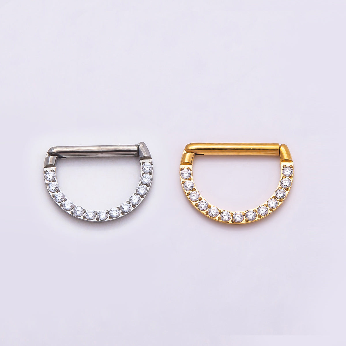 Titanium 10mm Micro Paved CZ D-Shaped Bar Septum Cartilage Piercing Clicker in Gold &amp; Silver | BJ-00015 BJ-00016