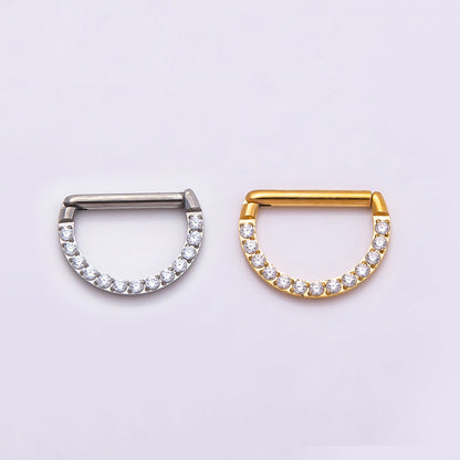 Titanium 10mm Micro Paved CZ D-Shaped Bar Septum Cartilage Piercing Clicker in Gold &amp; Silver | BJ-00015 BJ-00016