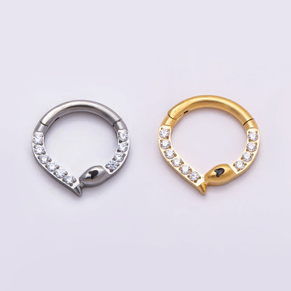 Titanium 10mm Micro Paved CZ Snake Single Septum Nose Piercing Clicker in Gold &amp; Silver | BJ-00013 BJ-00014
