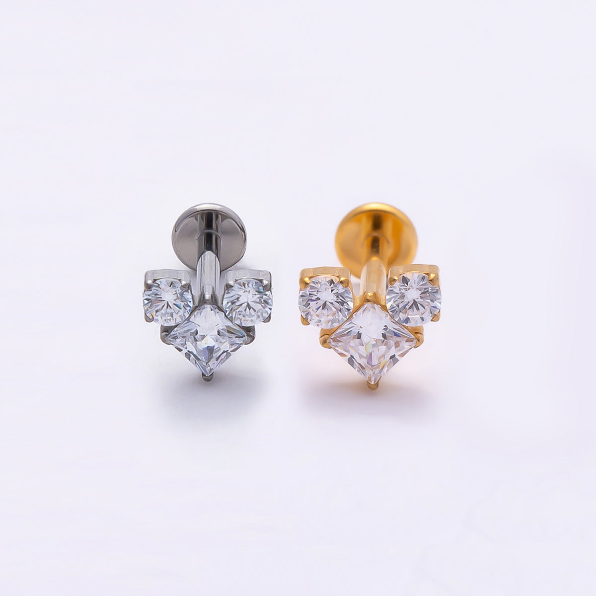 Titanium 6.5mm Clear CZ Geometric Heart Single Cartilage Piercing Flat Back Stud in Gold &amp; Silver | BJ-00005 BJ-00006