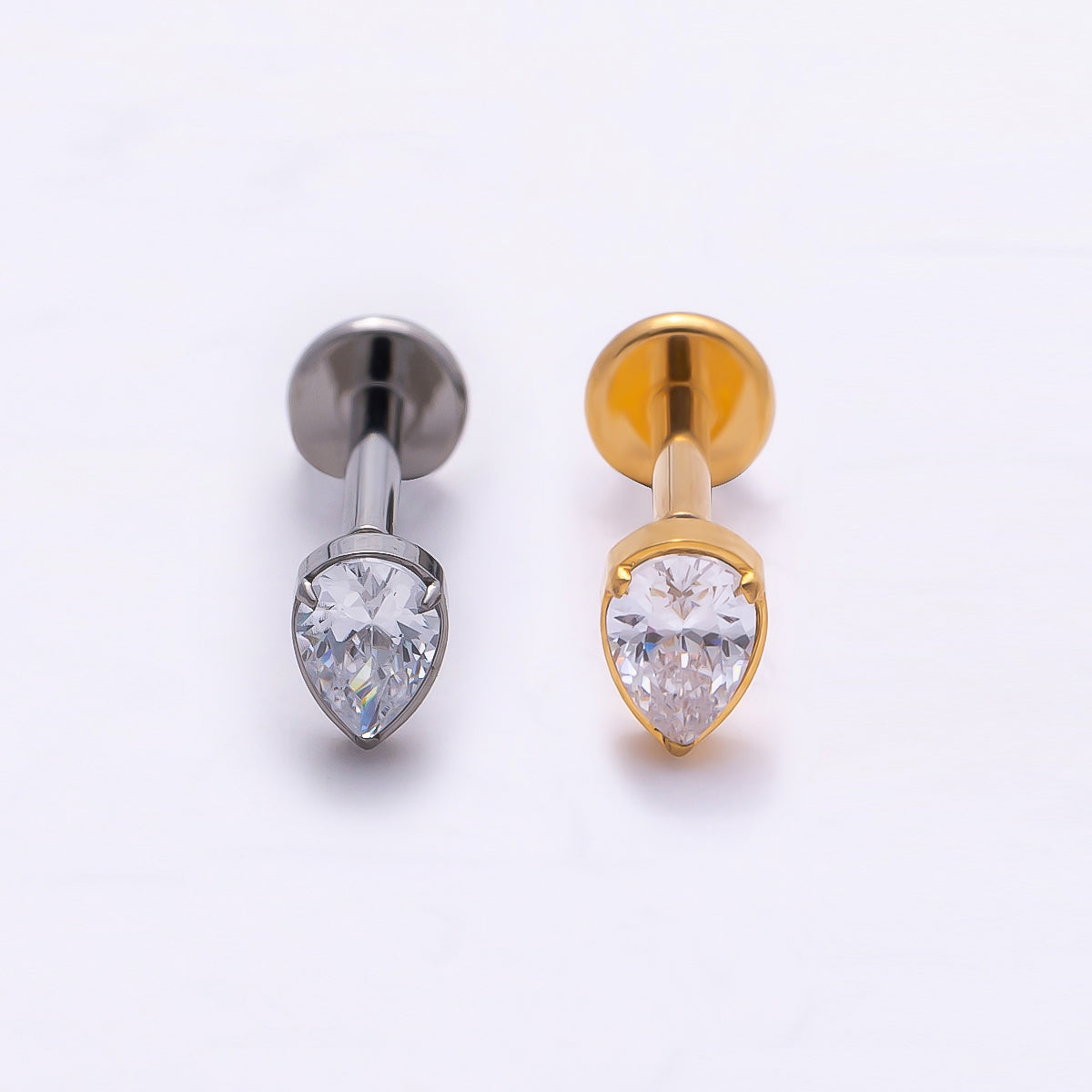 Titanium 4.5mm Clear CZ Teardrop Single Cartilage Piercing Flat Back Stud in Gold &amp; Silver | BJ-00009 BJ-00010