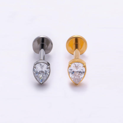 Titanium 4.5mm Clear CZ Teardrop Single Cartilage Piercing Flat Back Stud in Gold &amp; Silver | BJ-00009 BJ-00010