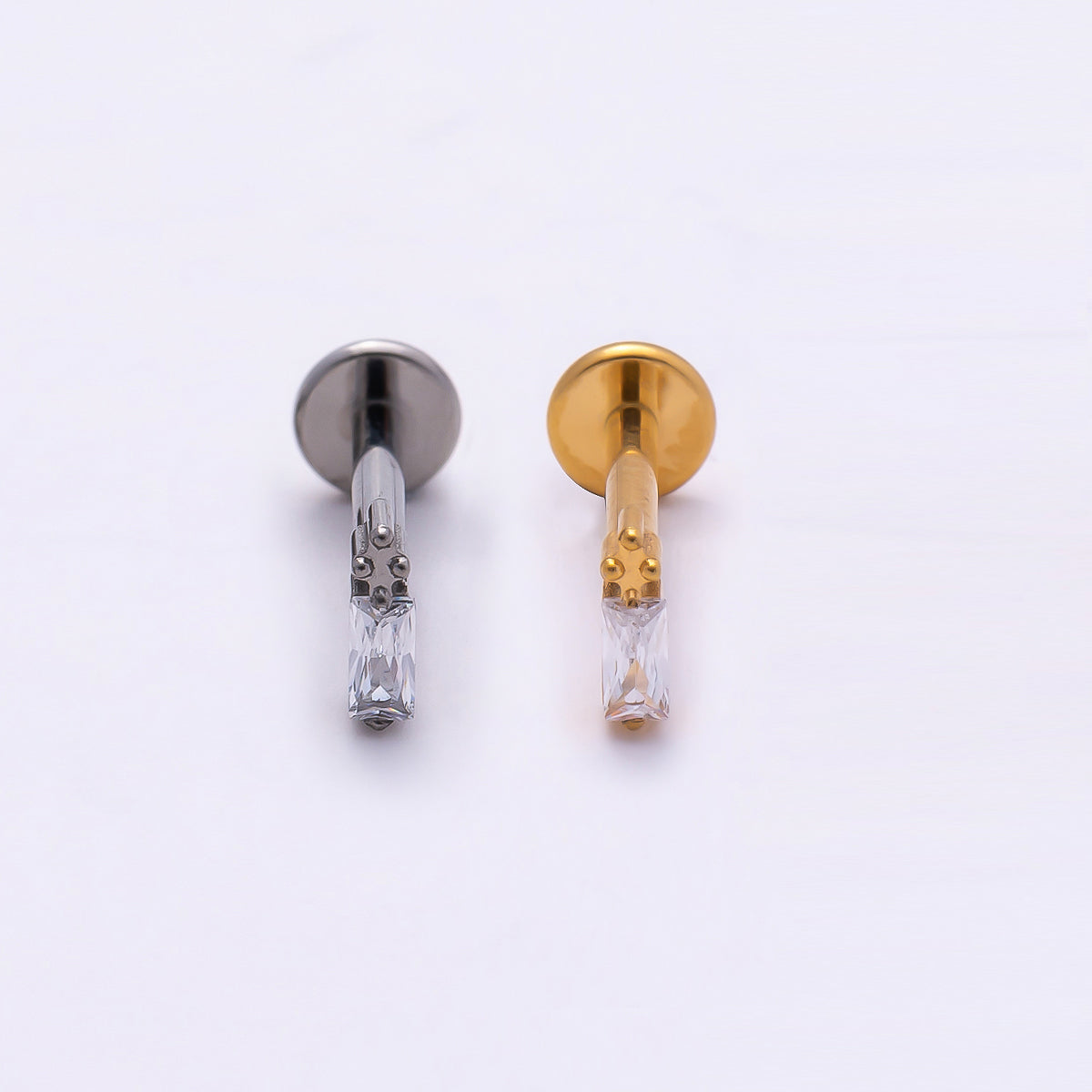 Titanium 5mm Baguette CZ Single Cartilage Piercing Flat Back Stud in Gold &amp; Silver | BJ-00021 BJ-00022