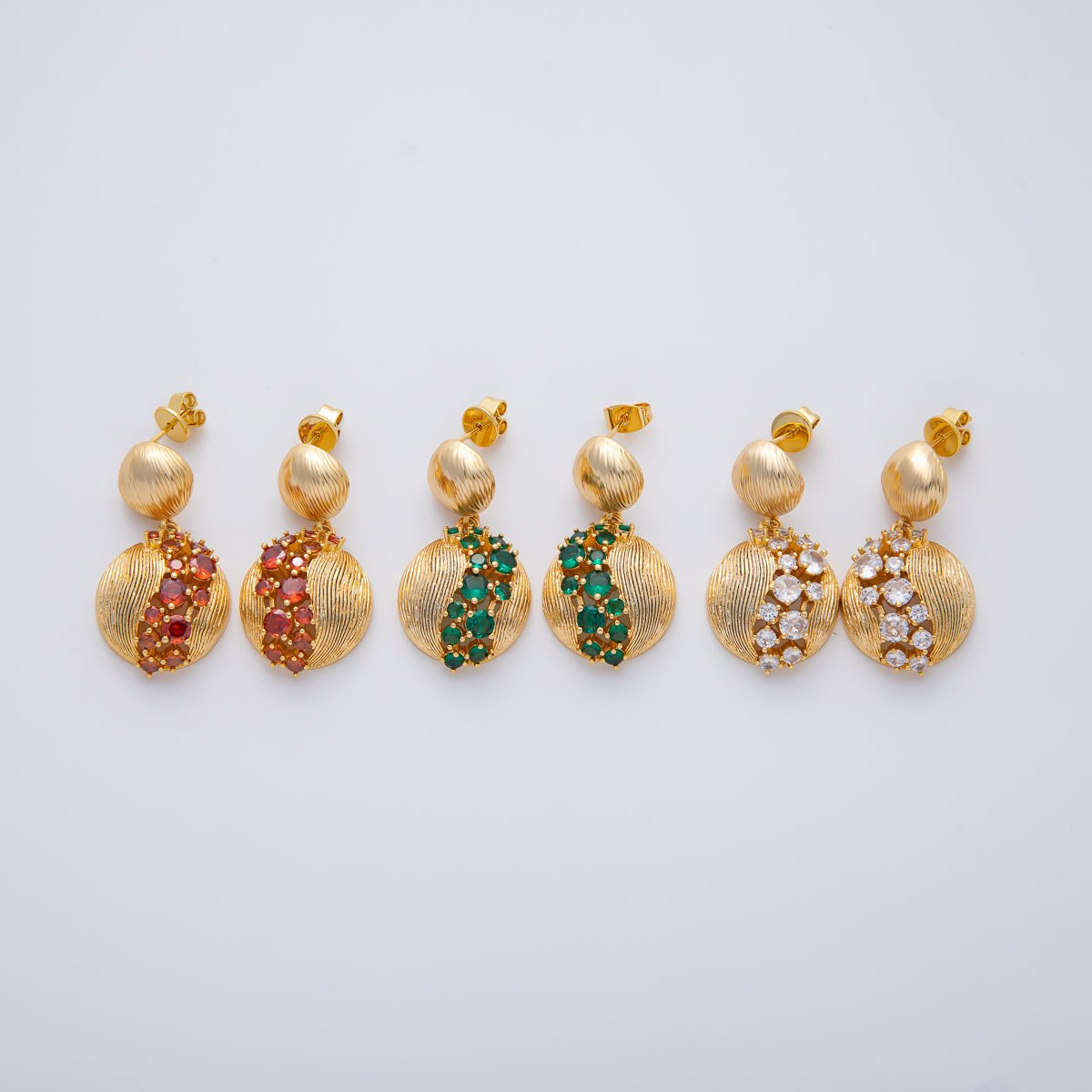 18K Gold Filled Clear, Green, Red Cluster CZ Line-Textured Round Drop Stud Earrings | AD1592 ~ AD1594