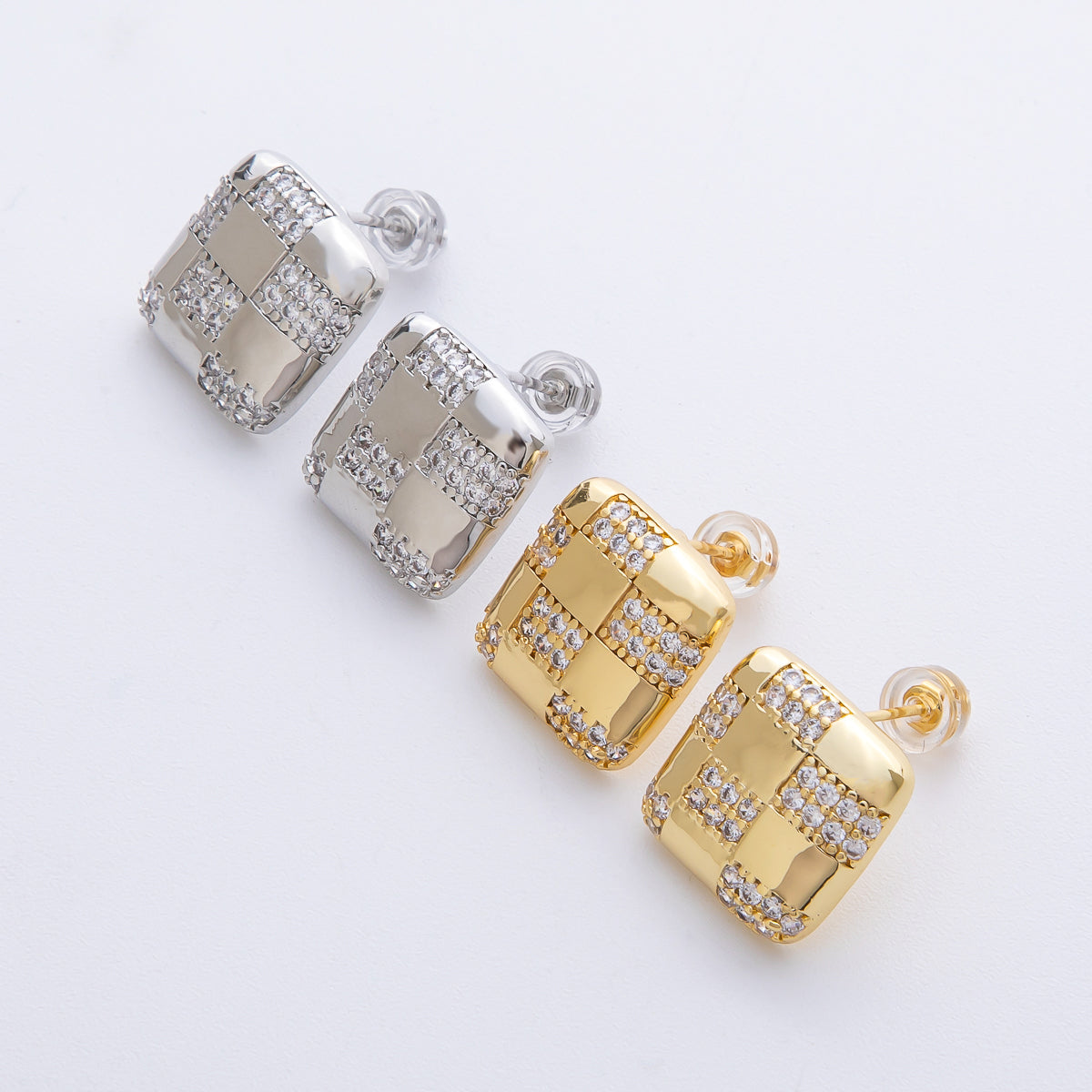 14K Gold Filled 15mm Micro Paved CZ Checkered Square Stud Earrings in Gold &amp; Silver | Earrings-00021 Earrings-00022