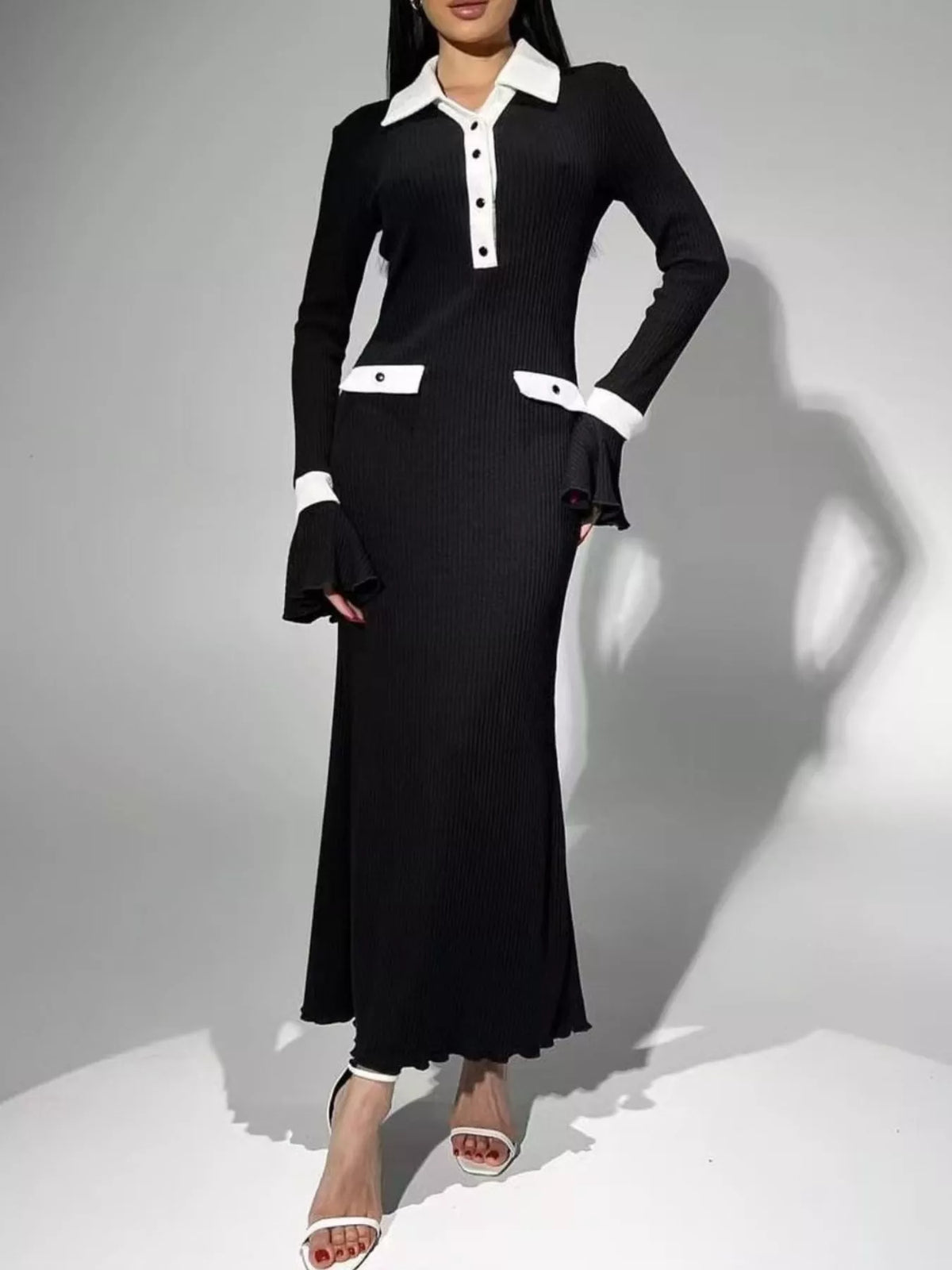 Contrast Collar Long Sleeve Maxi Sweater Dress