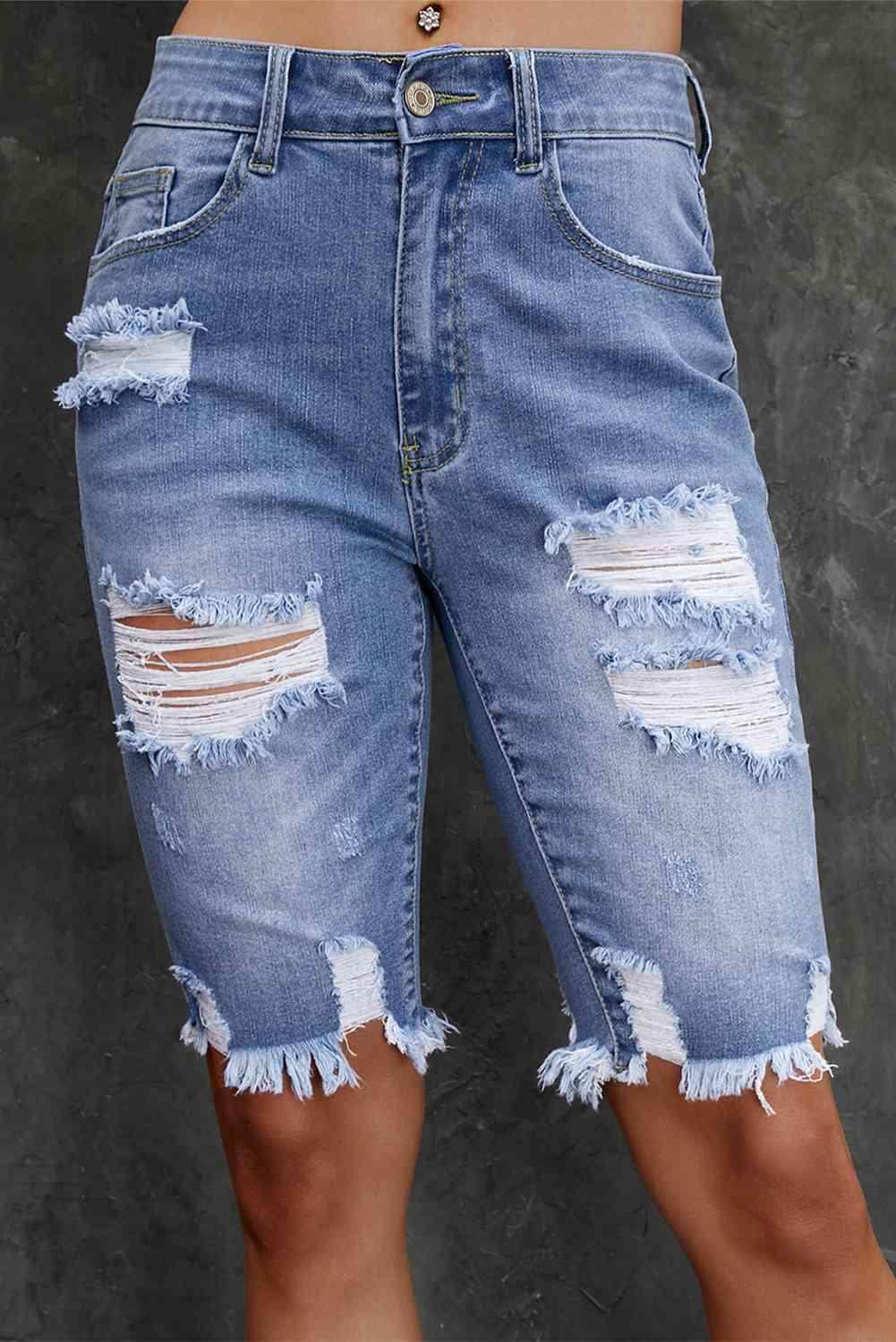 Distressed Frayed Hem Denim Bermuda Shorts for Women