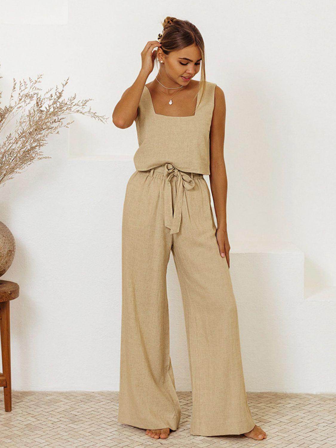 Square Neck Sleeveless Top and Pants Set for Women