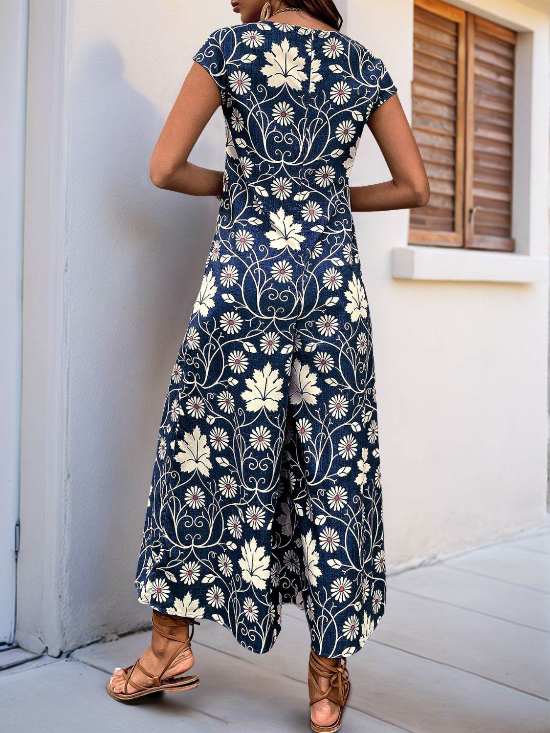 Perfee Printed Round Neck Cap Sleeve Wide Leg Jumpsuit