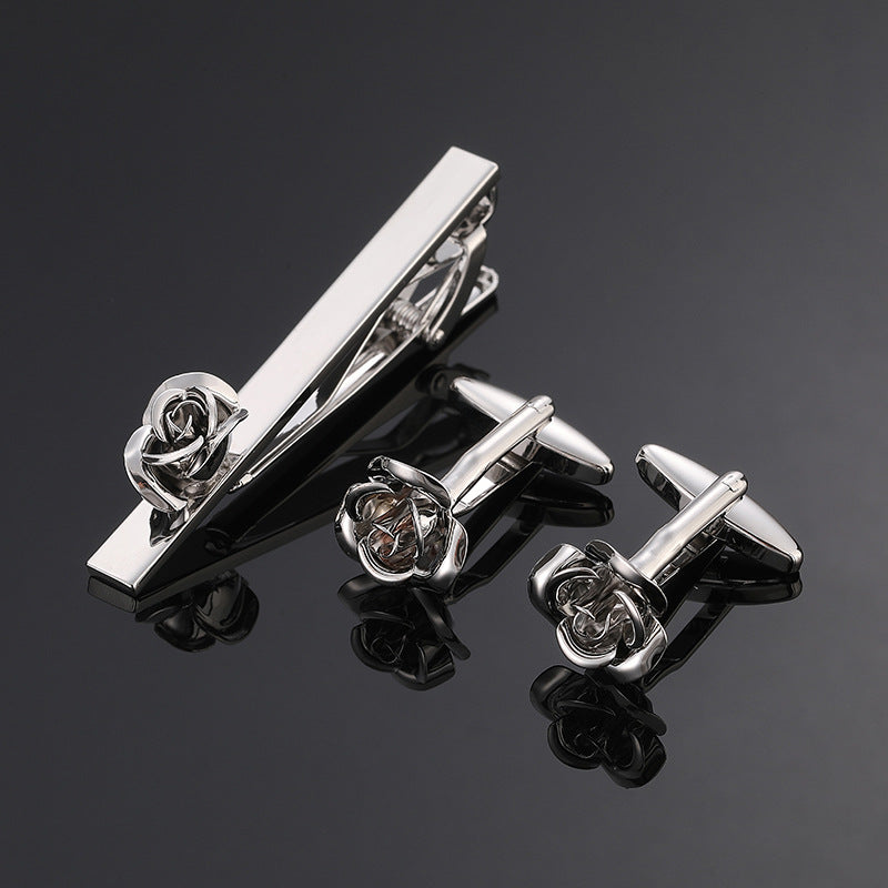 Gold And Silver Black Crystal Rose Enamel Pattern Batch Flower Tie Clip Cuff Buckle Set