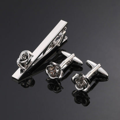Gold And Silver Black Crystal Rose Enamel Pattern Batch Flower Tie Clip Cuff Buckle Set