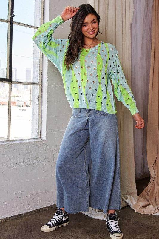 Davi &amp; Dani Two-Tone Ribbed Hem Openwork Knit Top Style