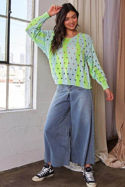 Davi &amp; Dani Two-Tone Ribbed Hem Openwork Knit Top Style