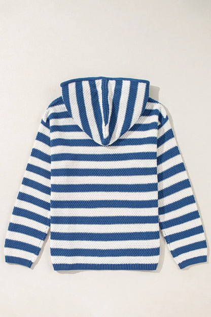 Stripe V Neck Pocketed Drawstring Hooded Sweater