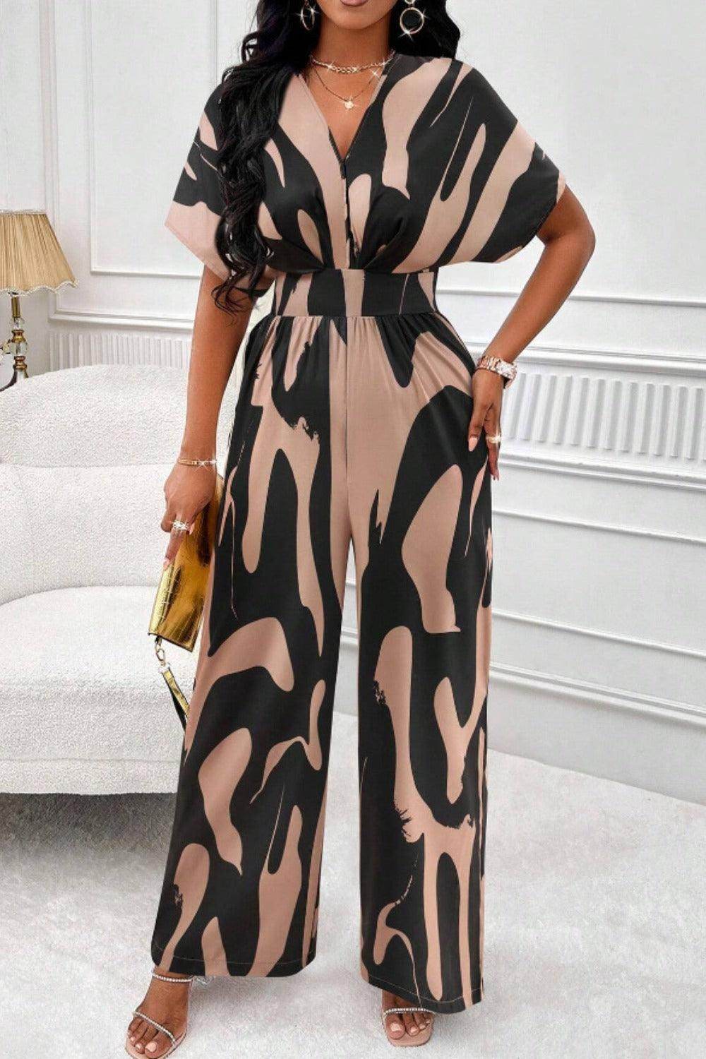 Printed V-Neck Short Sleeve Wide Leg Jumpsuit for Women