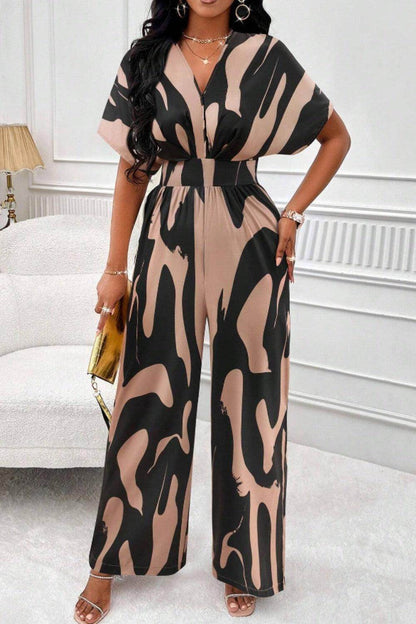 Printed V-Neck Short Sleeve Wide Leg Jumpsuit for Women