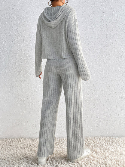 Honey Drawstring Ribbed Hoodie and Straight Leg Pants Set