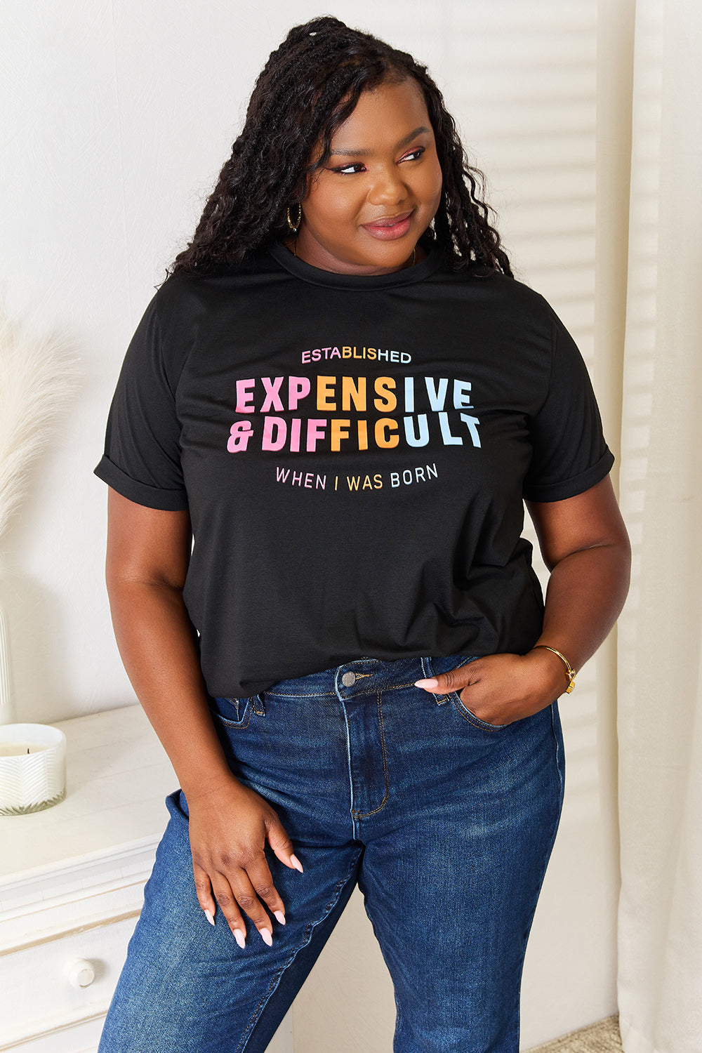 “Expensive &amp; Difficult” Graphic Cuffed Sleeve T-Shirt