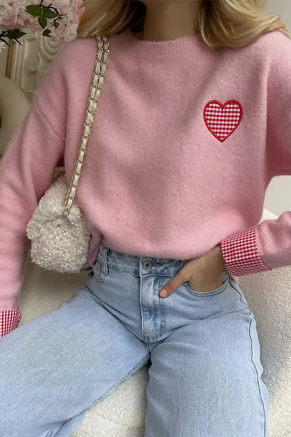 Plaid Heart Embroidered Cuffed Drop Shoulder Crew Neck Sweater