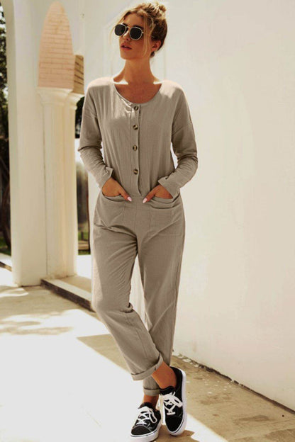 Buttoned Drop Shoulder Pocket Jumpsuit