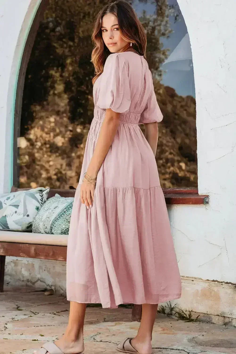 Light Blue Puff Sleeve High Waist Flowy Midi Dress