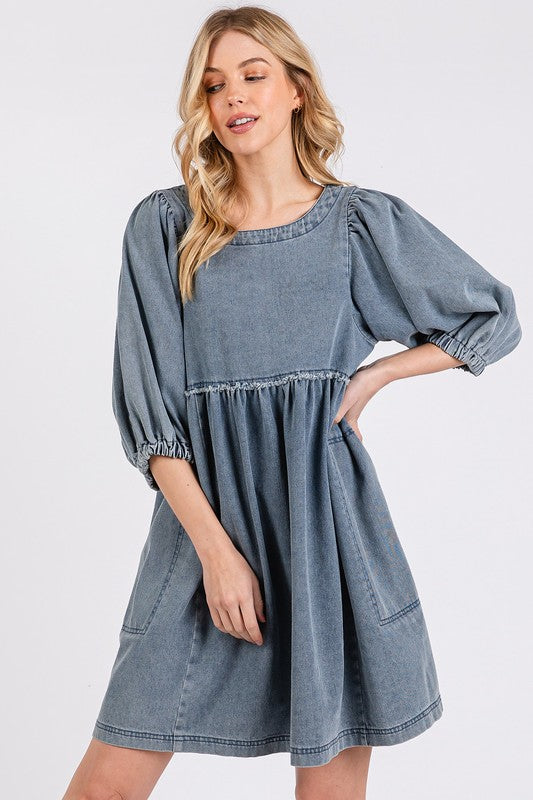 Washed Round Neck Puff Sleeve Denim Dress – Casual, Vintage-Inspired, Comfortable &amp; Chic, Effortlessly Stylish, Classic Denim Dress