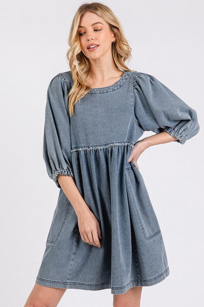 Washed Round Neck Puff Sleeve Denim Dress – Casual, Vintage-Inspired, Comfortable &amp; Chic, Effortlessly Stylish, Classic Denim Dress