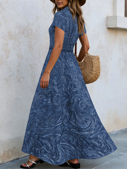 Ebay Amazon European And American Foreign Trade Retro Paisley Print Lapel Dress With Waist-Cinching A-Line Long Skirt For Women