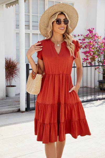 Ruched Notched Cap Sleeve Dress with Pockets and Stretch
