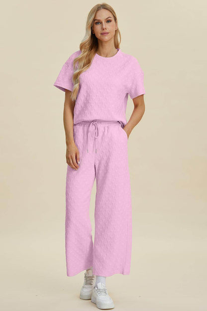 Double Take Full Size Texture Round Neck Top and Pants Set