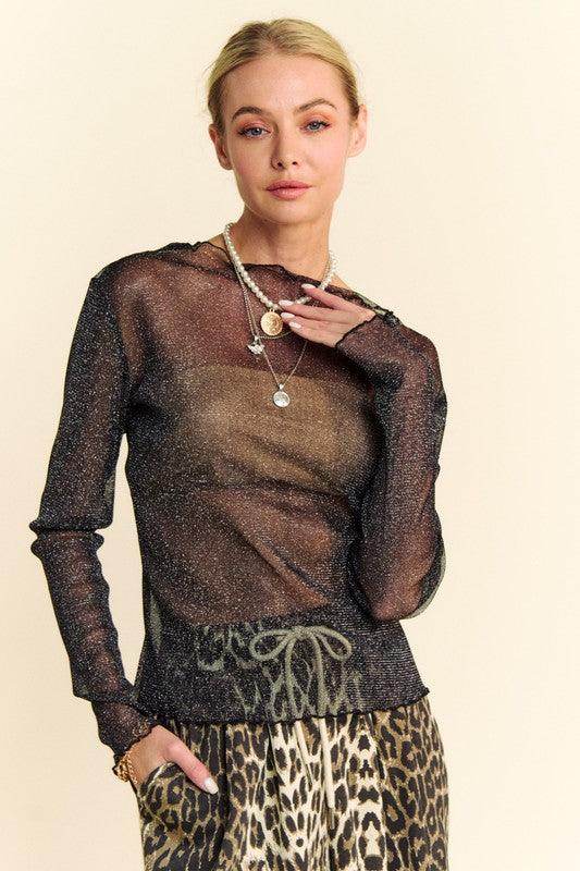 Davi &amp; Dani Glitter Mesh Lettuce Hem Long Sleeve Top for Women