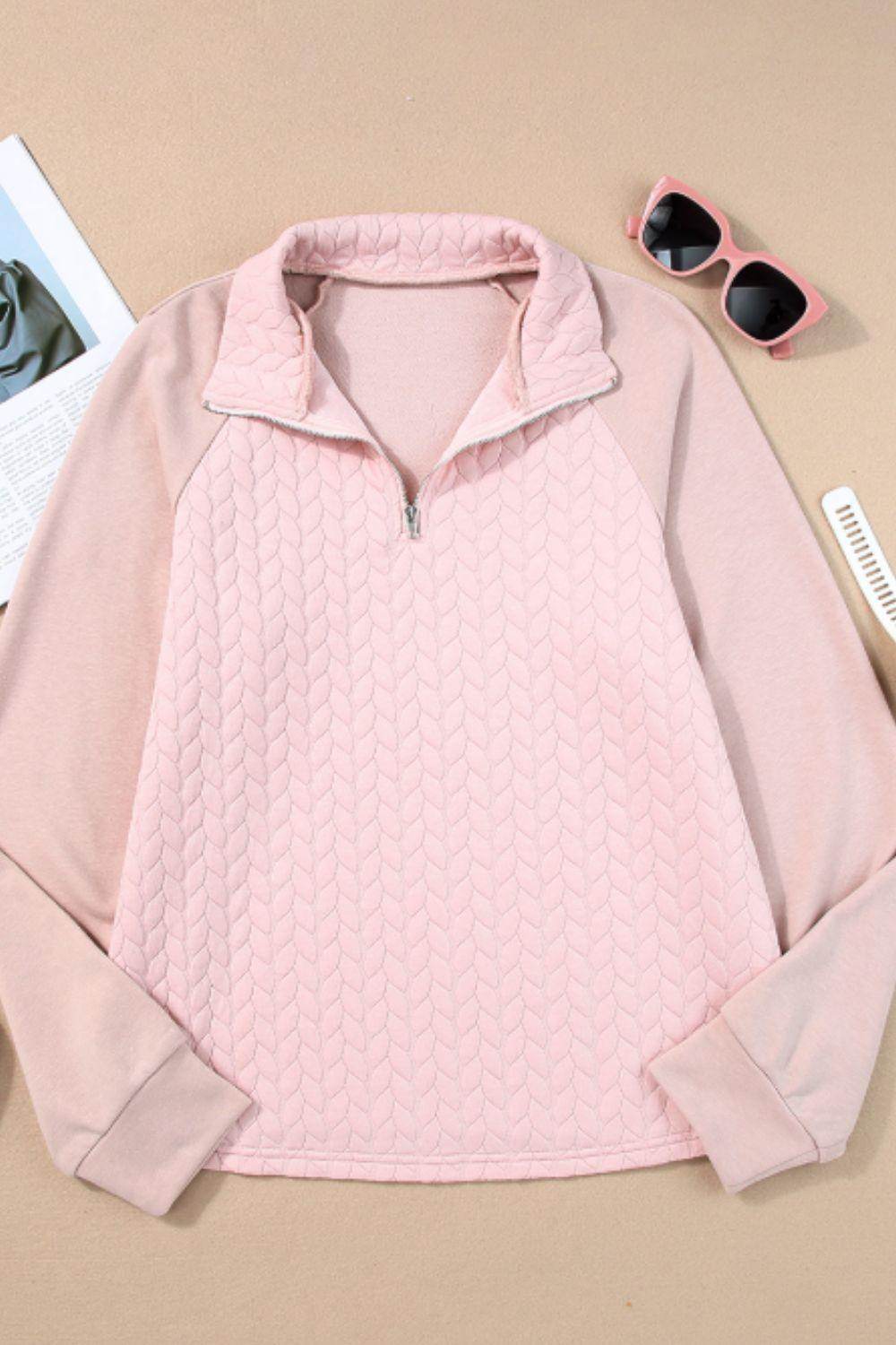 Textured Quarter Zip Long Sleeve Sweatshirt for Women