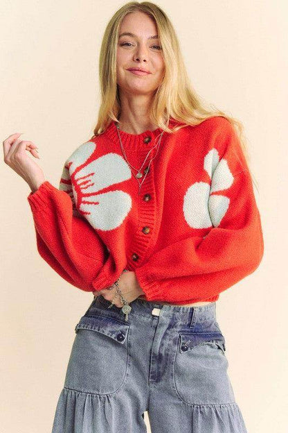 Davi &amp; Dani Flower Contrast Round Neck Long Sleeve Cardigan