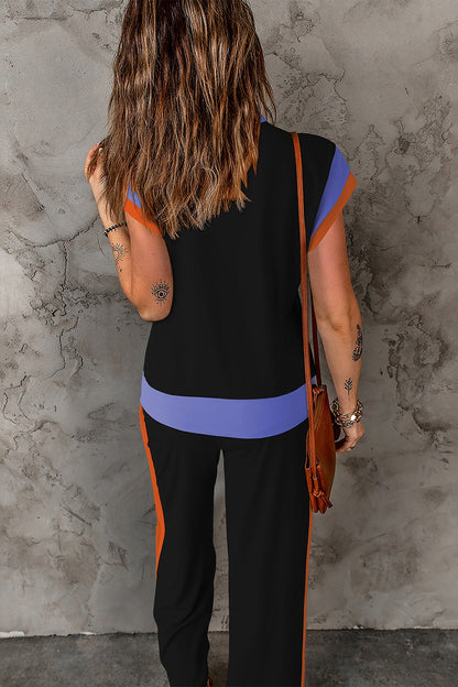 Polyester Two-Piece Set with Contrast Top &amp; Pants