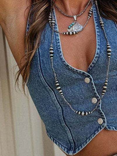 Buttoned V-Neck Denim Top for Stylish Casual Outfits