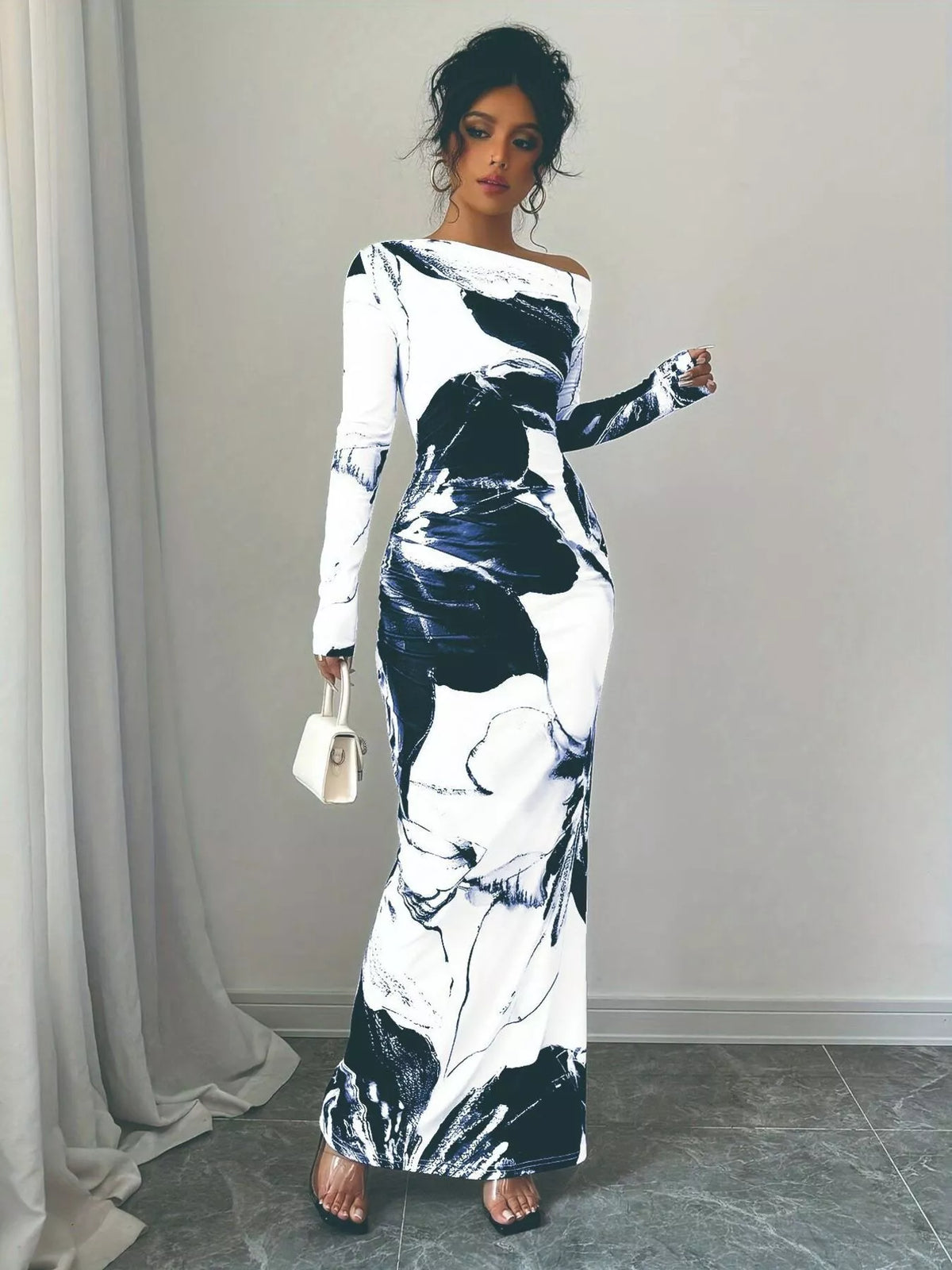 Floral One Shoulder Long Sleeve Maxi Dress