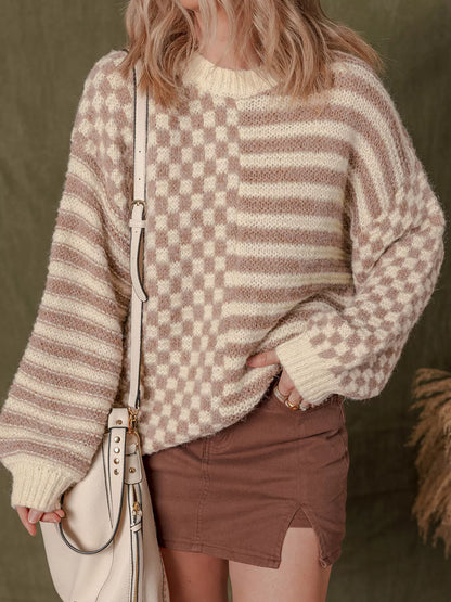Checkerboard &amp; Striped Pattern Knit Sweater
