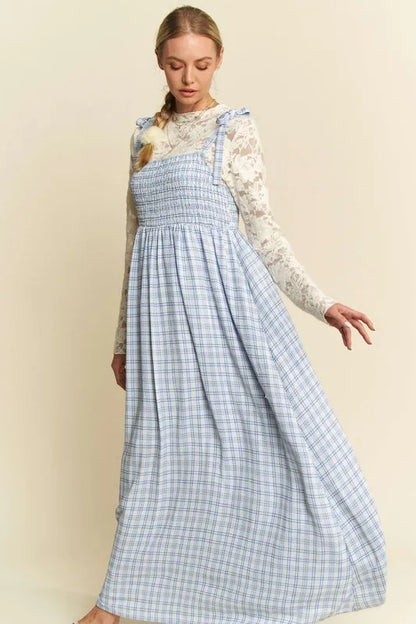Davi &amp; Dani Plaid Smocking Sleeveless Maxi Dress