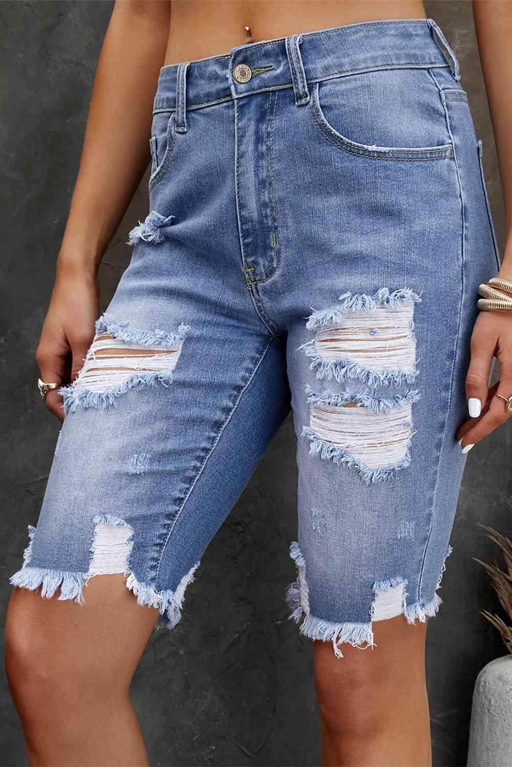Distressed Frayed Hem Denim Bermuda Shorts for Women