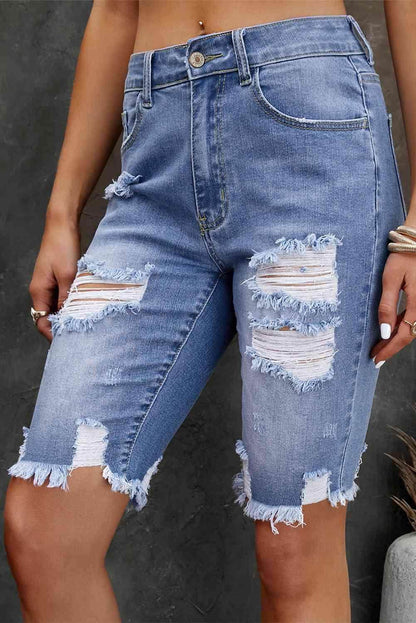 Distressed Frayed Hem Denim Bermuda Shorts for Women