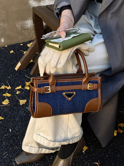 Denim Patchwork Buckle Decor Crossbody Bag