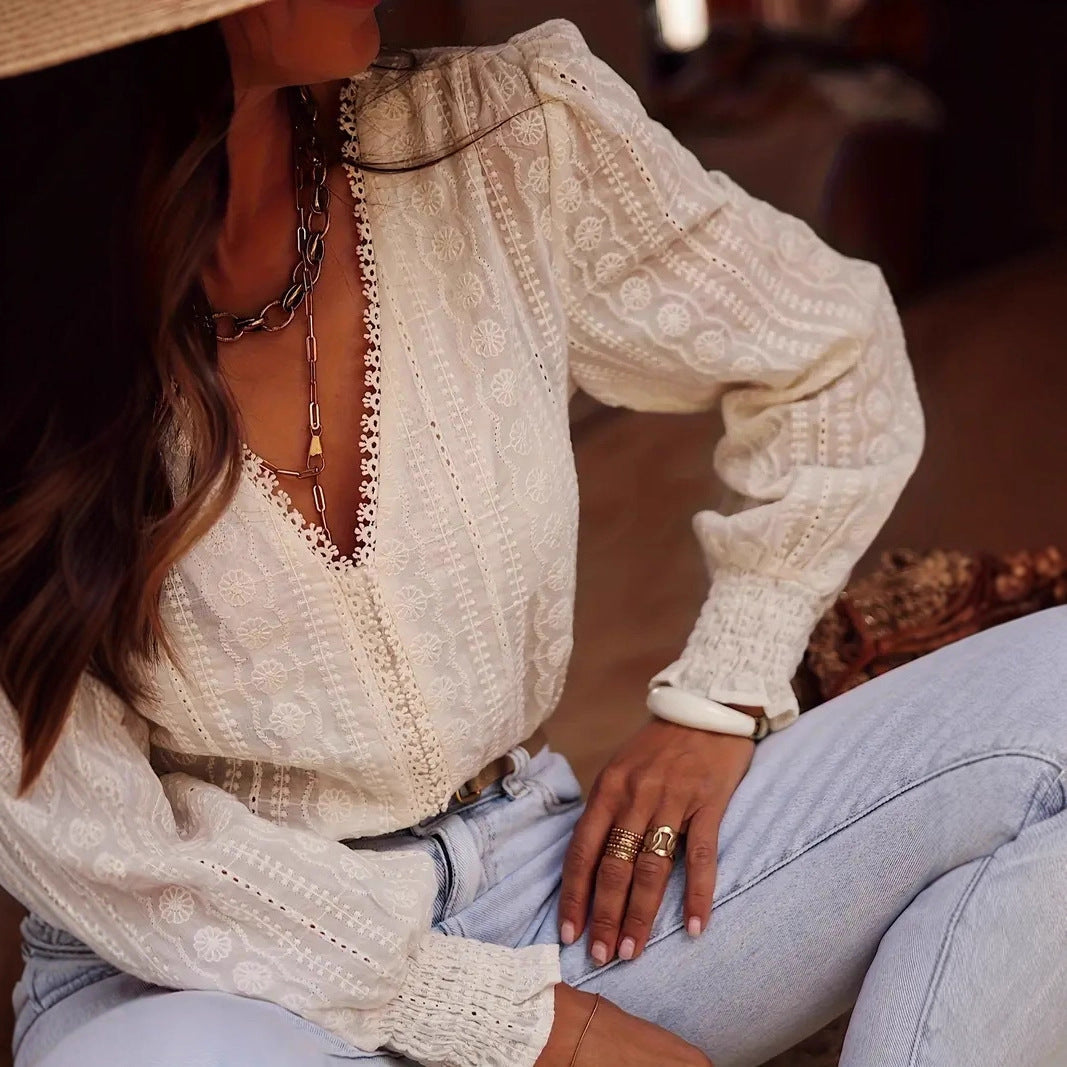 Elegant Commuter-Style Fashion V-Neck Lace-Patchwork Long-Sleeve Shirt