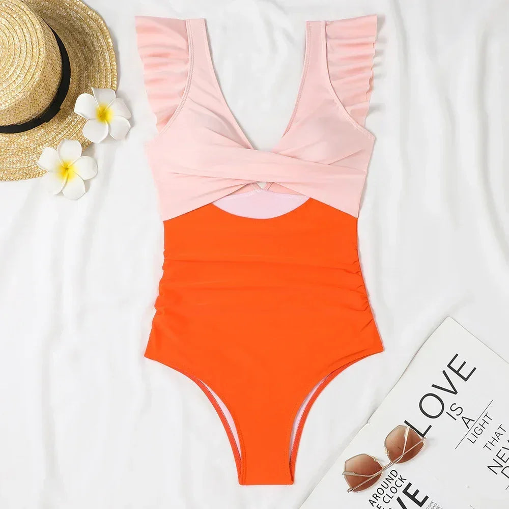 Black Color Block Cut Out Criss Cross One Piece Swimsuit