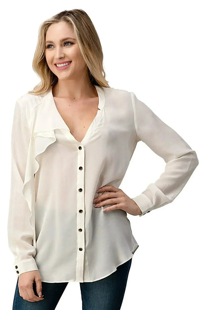 Silk Ruffle Blouse – Elegant Button-Up Shirt with Long Sleeves | Femstylo