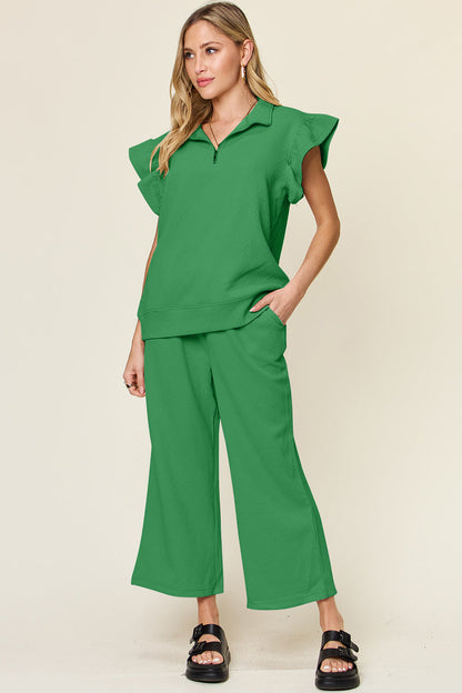 Textured Ruffle Top &amp; Drawstring Wide Leg Pants Set