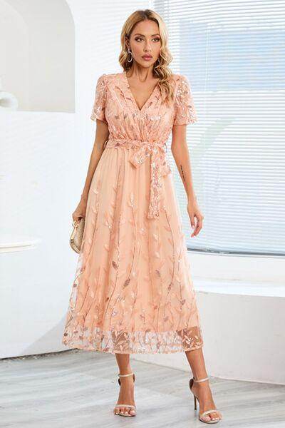 Sequin Leaf Embroidery Tie Front Short Sleeve Dress for Women